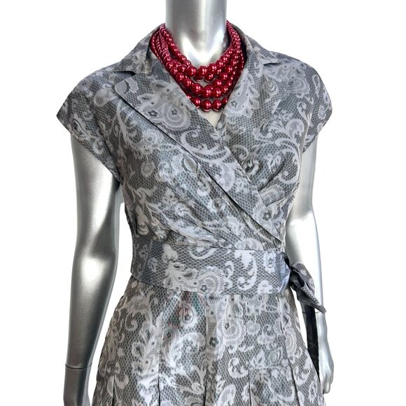 Anne Klein Gray Paisley Fit & Flare Belted Pleated Pocket Dress 4 - Picture 7 of 10